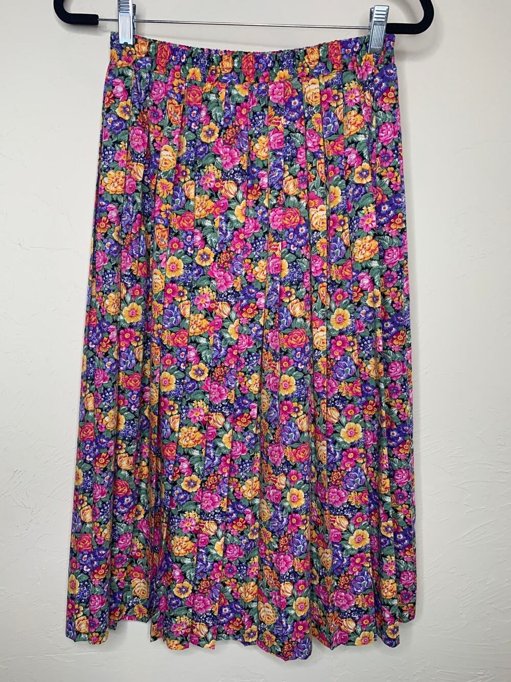 Vintage Floral Midi Skirt Pink Yellow Purple Cottage Core Pleats Cotton Sz Small